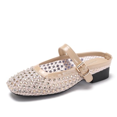 Damen Mode Strass Mesh Pantoletten Sandalen Slip On Rückenfrei Casual Atmungsaktiv Vielseitig Mary Jane Schuhe, aprikose, 38 EU von Generisch