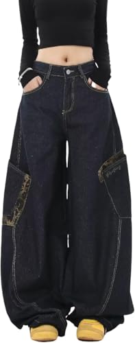 Damen Mode Trend Weite Jeans Y2K Vintage Gothic Lockere Freizeithose Frühling Hip Hop Punk Harajuku Gerade Jeans (Schwarz,M) von Generisch