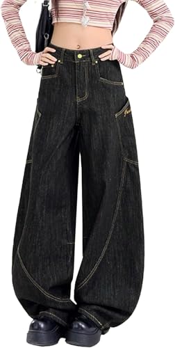 Damen Mode Trend Weite Jeans Y2K Vintage Gothic Lockere Freizeithose Frühling Hip Hop Punk Harajuku Gerade Jeans (Schwarz 02,XXL) von Generisch