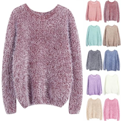 Damen Mohair Pullover Flauschig, Kuschelpullover Oversized Damen, Rundhals Longpullover Bequem Weiche Sweatshirt Sweaters Elegante Einfarbiges Strickpullover Winterpulli Winterpullover Knit-Pullover von Generisch