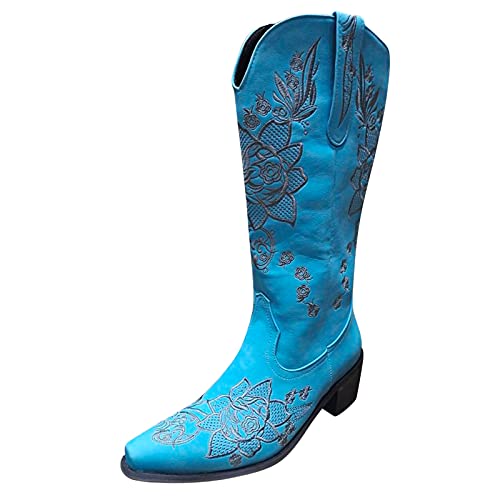 Damen Mokassins Booties Slip-On Schuhe Retro Mittlere Absatzweite Blumenstickerei Elegante Ankle Boots für Frauen (Blue, 40) von Generisch