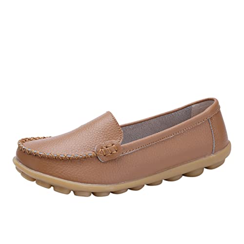 Damen Mokassins Echtleder Slip-On Loafers Weiche Bequeme Flache Schuhe Atmungsaktiv Rutschfest Freizeitschuhe für Büro Arbeit Fahren Spazieren Laufen Komfort Alltag Frühling Sommer (Brown, 39) von Generisch
