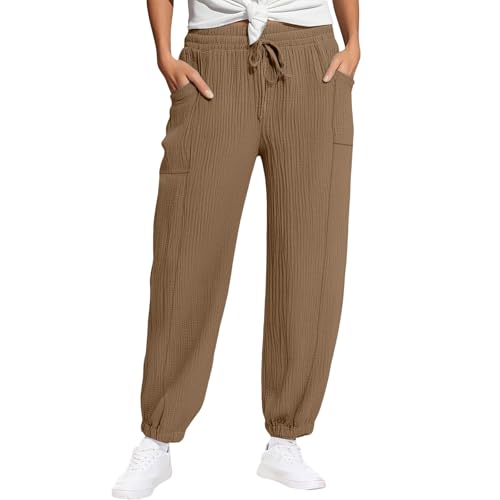 Damen Musselin Hose Leinenhose Elastische Leinenhoses mit Kordelzug modisch Leinen Beach Hose Mit Sommerhose Leicht Stoffhose Kleid Gerades Bein Kordelzug Leinenhose von Generisch
