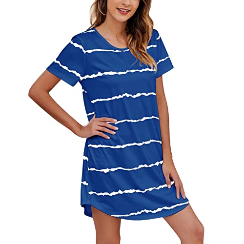Damen Nachthemd Kurzarm Streifen Nachtwäsche Kleid Baumwolle Negligee Sleepshirt Große Größen Sommer Kurz Unterkleid Weiche Schlafhemd T-Shirt Schlafshirt Nachthemden Nachthemd Damen 3/4 Arm (Blue, L) von Generisch