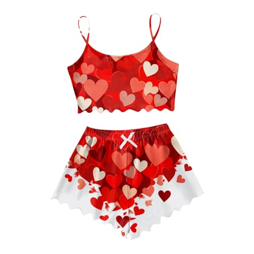 Damen Nachtwäsche Set Lässiges Pyjama-Shorts-Set für Damen mit Herz-Print Schlafanzug Mit Knöpfen Valentinstag Einfach Nachthemden Baggy Urlaub Nacht Weich Nachtwäsche Valentinstag von Generisch