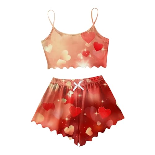 Damen Nachtwäsche Set Lässiges Pyjama-Shorts-Set für Damen mit Herz-Print Schlafanzug Mit Knöpfen Valentinstag Einfach Nachthemden Baggy Urlaub Nacht Weich Nachtwäsche Valentinstag von Generisch