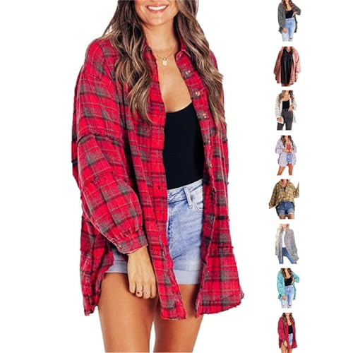 Damen Nähte Raw Edge Washed Oversized Hemdjacke Plaid Button Down Shirts Frauen mit Taschen, Stil A, L von Generisch
