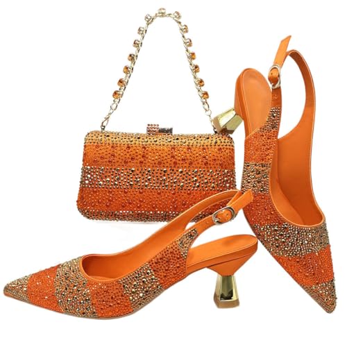 Damen Nigerianische Absatztaschen Set mit Strass Italienischer Stil für Hochzeit, Orange, 40.5 EU von Generisch