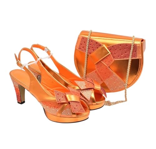 Damen Nigerianische Schuhe und Tasche Set Italienischer Stil Peep Toe High Heels mit Strass Dekoration für Hochzeit, Orange, 40.5 EU von Generisch