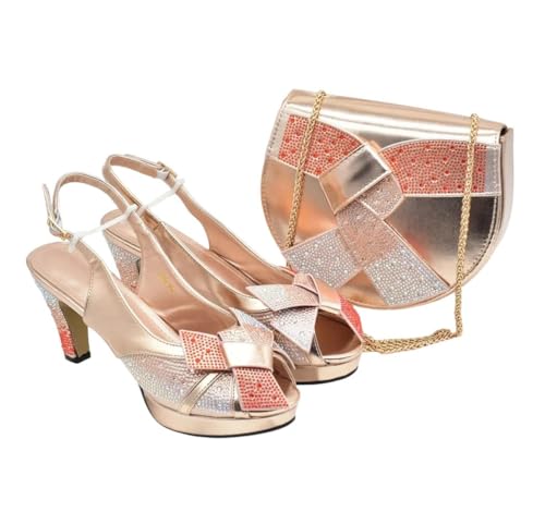 Damen Nigerianische Schuhe und Tasche Set Italienischer Stil Peep Toe High Heels mit Strass Dekoration für Hochzeit, champagnerfarben, 42.5 EU von Generisch