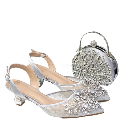 Damen Nigerianische Spitze Netz Heels Mini Taschen Set mit Kristallen Low Heel, 119, 40.5 EU von Generisch
