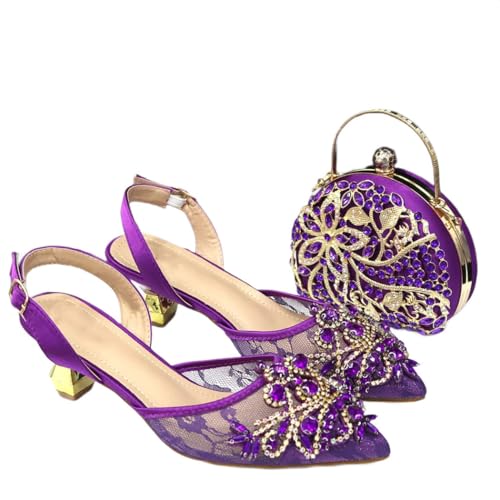 Damen Nigerianische Spitze Netz Heels Mini Taschen Set mit Kristallen Low Heel, 125, 42.5 EU von Generisch