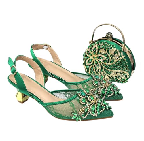 Damen Nigerianische Spitze Netz Heels Mini Taschen Set mit Kristallen Low Heel, 127, 40.5 EU von Generisch