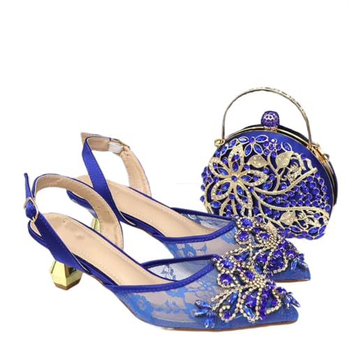 Damen Nigerianische Spitze Netz Heels Mini Taschen Set mit Kristallen Low Heel, 128, 43 EU von Generisch