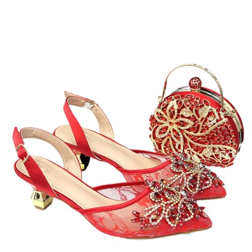Damen Nigerianische Spitze Netz Heels Mini Taschen Set mit Kristallen Low Heel, 129, 41 EU von Generisch