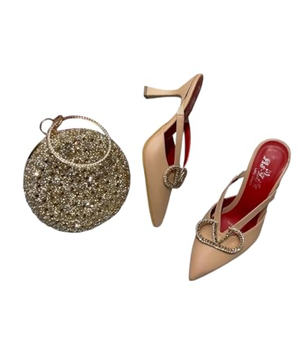 Damen Nude Slingback Heels mit passender Gold Glitzer Tasche - Party & Hochzeit Set, Schwarz , 37 EU von Generisch