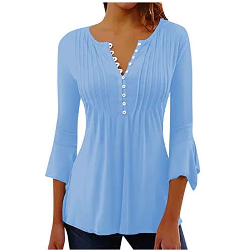 Damen Oberteile,T Shirts Damen Oversize Button Down Oberteil Für Damen Einfarbige Oberteile Lässige Glocke 3/4 Ärmel V-Ausschnitt Tunika Ärmellose Bluse V Top Damen Sommer Top Damen(Hellblau,XXL) von Generisch