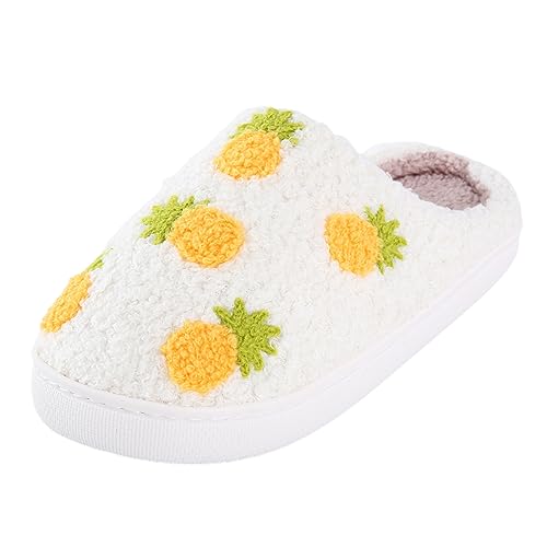 Damen Obst Bestickte Plüsch Hausschuhe Weiche Memory Foam Indoor Pantoletten mit Anti-Rutsch-Gummisohle Leichte Gemütliche Damen Slip-On Hausschuhe Winter Warm Ananas Pfirsichkirsche Design, gelb, 37 von Generisch