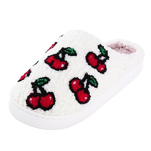 Damen Obst Bestickte Plüsch Hausschuhe Weiche Memory Foam Indoor Pantoletten mit Anti-Rutsch-Gummisohle Leichte Gemütliche Damen Slip-On Hausschuhe Winter Warm Ananas Pfirsichkirsche Design, rot, 37 von Generisch
