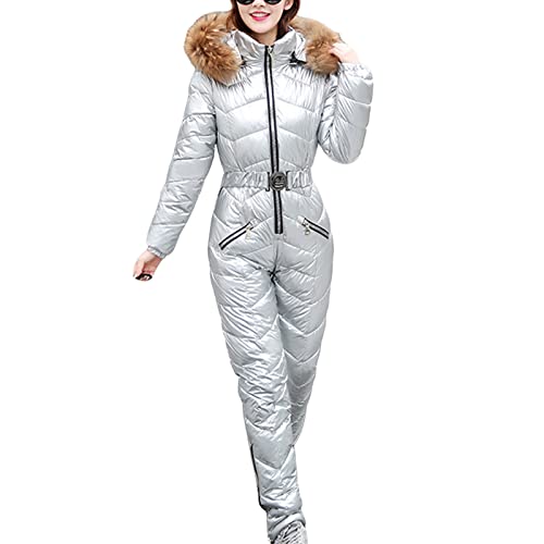 Damen Onesies SkianzüGe Winter Outdoor Sports Casual Slim Jumpsuit One Piece Snowsuit Sports Hoodies (M,Silber) von Generisch
