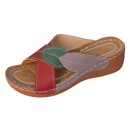 Damen Orthopädische Pantoletten Plateau Hausschuhe Leder Lässige Slides Keilsandalen Arch Support Outdoorsandalen Große Größe Freizeitschuhe Peeptoe Sandalette Wedge Heel Schlupfschuhe von Generisch