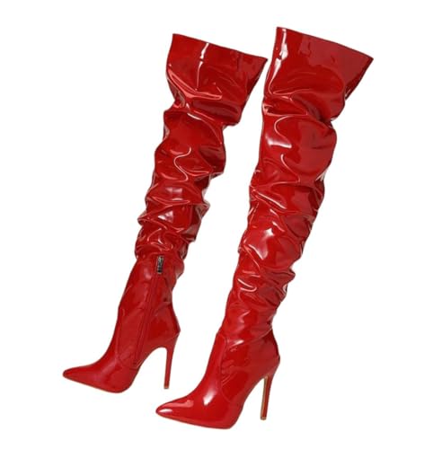 Damen Overknee-Stiefel, Lackleder, spitzer Zehenbereich, Stiletto, hohe Absätze, seitlicher Reißverschluss, solide lange Stiefel, Winter, rot, 38.5 EU von Generisch