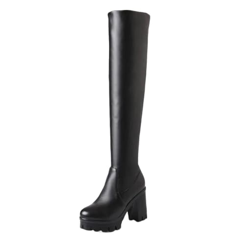 Damen Overknee-Stiefel, dicker Absatz, runde Zehenpartie, Stretch, lange Stiefel, Plateauschuhe, Schwarz , 41.5 EU von Generisch