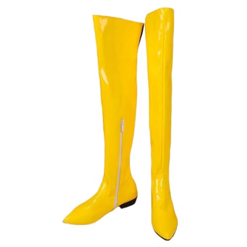 Damen Overknee-Stiefel, klobiger Absatz, Leder, spitzer Zehenbereich, elegant, lange Bürostiefel, gelb, 42 EU von Generisch