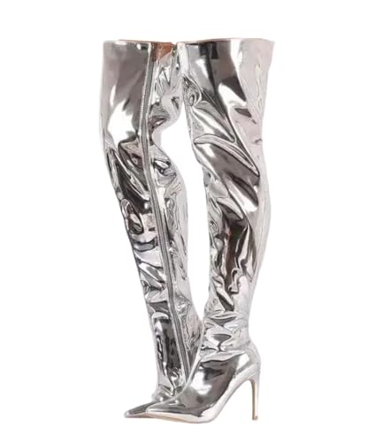 Damen Overknee-Stiefel, spitzer Zehenbereich, Plateau, dünne High Heels, lange Punk-Stiefel, Winter, Reißverschluss, Partyschuhe, silber, 42 EU von Generisch