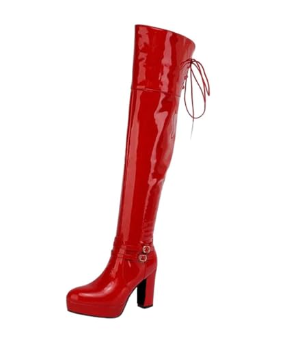 Damen Overknee-Stiefel Lackleder High Heels Plateau Seitlicher Reißverschluss Nachtclub Mode Party Winter Schuhe, rot, 42.5 EU von Generisch