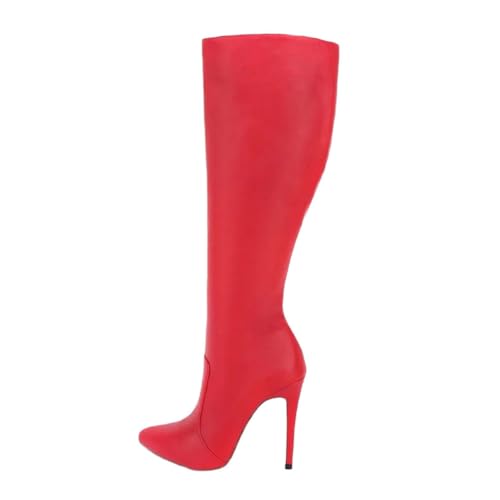 Damen Overknee-Stiefel aus echtem Leder, elegant, Party, Büro, spitzer Zehenbereich, hoher Absatz, lange Stiefel, rot, 41 EU von Generisch