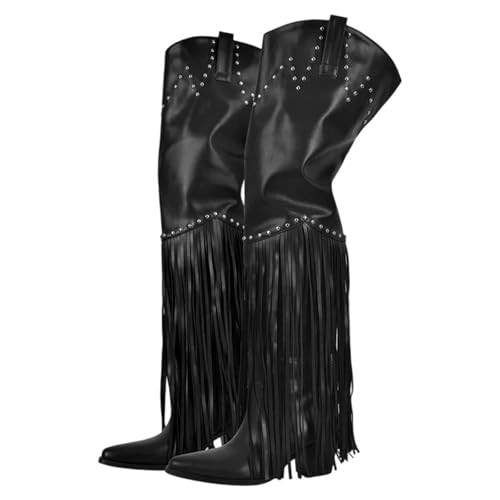 Damen Overknee-Stiefel mit Fransen, spitzer Zehenpartie und hohem klobigen Absatz für ein mutiges und modisches Statement, Cd231028a, 38 EU von Generisch