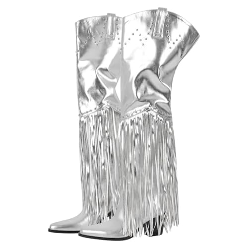 Damen Overknee-Stiefel mit Fransen, spitzer Zehenpartie und hohem klobigen Absatz für ein mutiges und modisches Statement, Cd231028b, 42 EU von Generisch