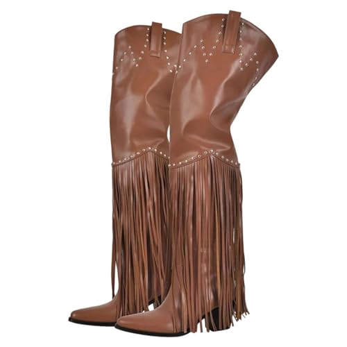 Damen Overknee-Stiefel mit Fransen, spitzer Zehenpartie und hohem klobigen Absatz für ein mutiges und modisches Statement, Cd231028c, 42 EU von Generisch