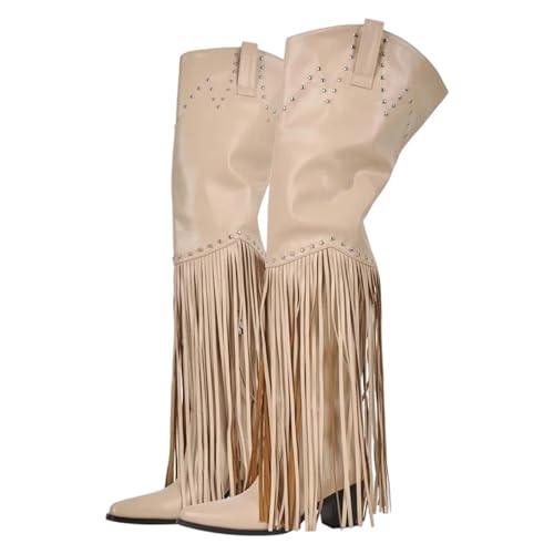 Damen Overknee-Stiefel mit Fransen, spitzer Zehenpartie und hohem klobigen Absatz für ein mutiges und modisches Statement, Cd231028d, 47 EU von Generisch