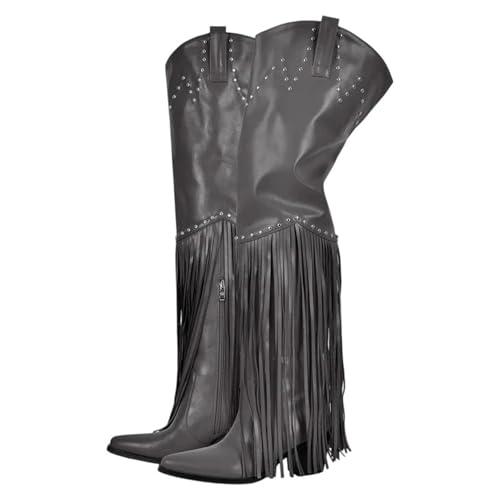Damen Overknee-Stiefel mit Fransen, spitzer Zehenpartie und hohem klobigen Absatz für ein mutiges und modisches Statement, Cd231028l, 39 EU von Generisch