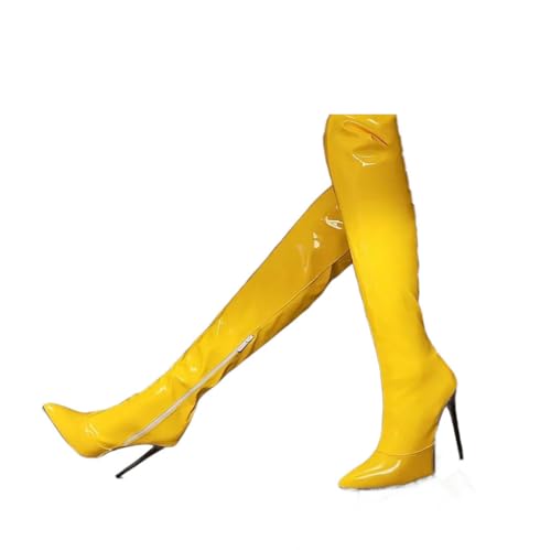 Damen Overknee-Stiefel mit spitzem Zehenbereich, dünner Absatz, Wintermode, Party, lange Stiefel, gelb, 38 EU von Generisch
