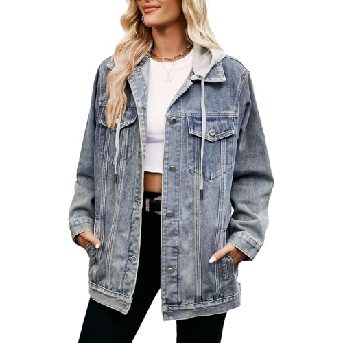 Damen Oversized Jeansjacke Lang Jeansjacke Boyfriend Jacke Jeans Biker Mantel Button Down Jeansjacke mit Taschen, Blau mit Kapuze, L von Generisch