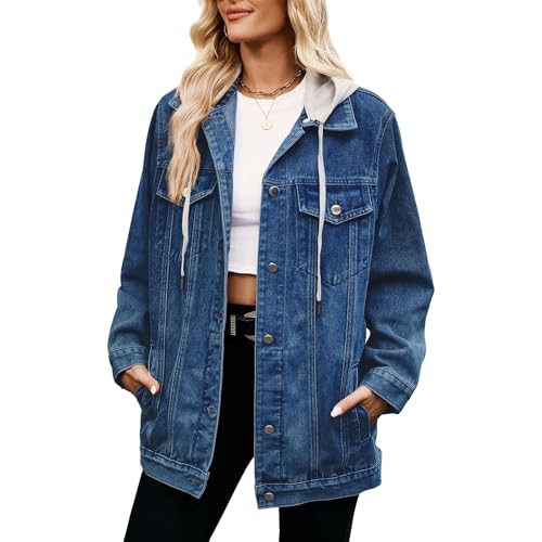 Damen Oversized Jeansjacke Lang Jeansjacke Boyfriend Jacke Jeans Biker Mantel Button Down Jeansjacke mit Taschen, Dunkelblau mit Kapuze, XXL von Generisch
