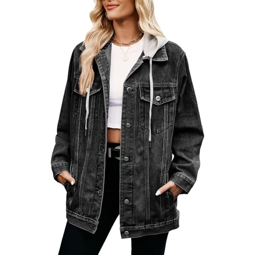 Damen Oversized Jeansjacke Lang Jeansjacke Boyfriend Jacke Jeans Biker Mantel Button Down Jeansjacke mit Taschen, Dunkelgrau mit Kapuze, XXL von Generisch