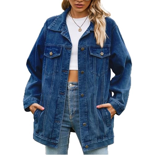Damen Oversized Jeansjacke Lang Jeansjacke Boyfriend Jacke Jeans Biker Mantel Button Down Jeansjacke mit Taschen, dunkelblau, XXL von Generisch