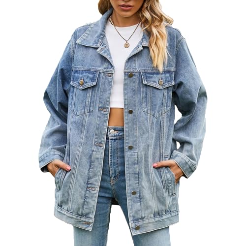 Damen Oversized Jeansjacke Lang Jeansjacke Boyfriend Jacke Jeans Biker Mantel Button Down Jeansjacke mit Taschen, hellblau, XXL von Generisch