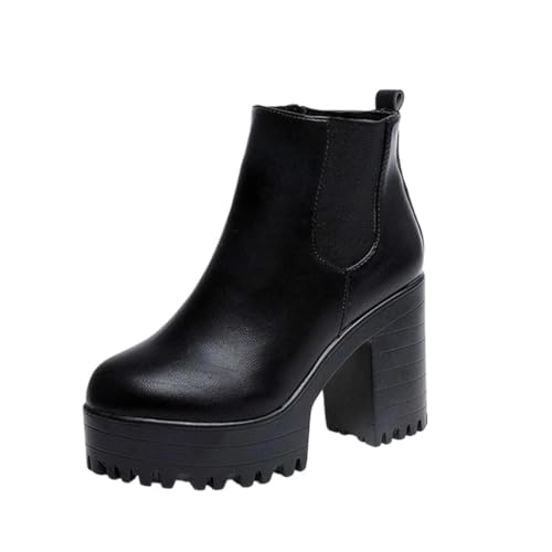 Damen PU Leder Oberschenkelhohe Stiefel Quadratischer Absatz Plateau Motorrad Mode Schuhe, Schwarz , 38 EU von Generisch