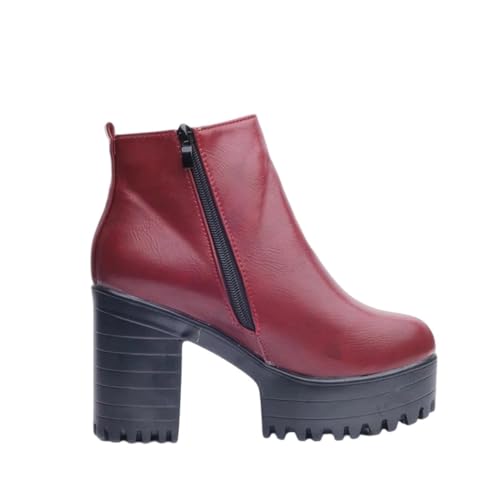 Damen PU Leder Oberschenkelhohe Stiefel Quadratischer Absatz Plateau Motorrad Mode Schuhe, rot, 39 EU von Generisch