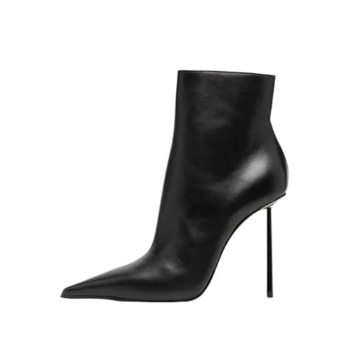 Damen PU Leder Stiefeletten Spitz Zehe High Heel Seitlicher Reißverschluss Große Größe Kurze Booties, Schwarz , 42.5 EU von Generisch