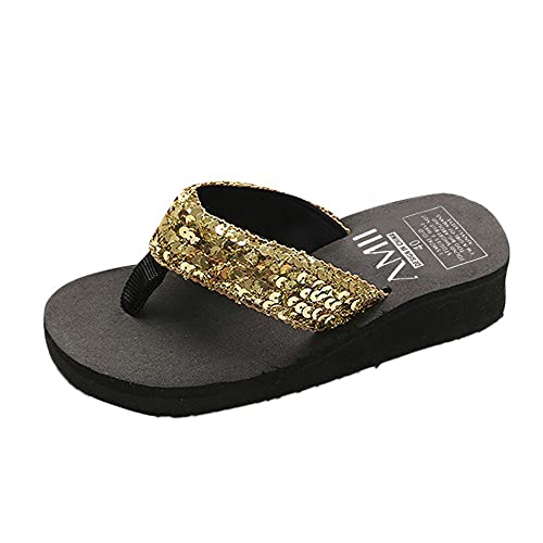 Damen Pailletten Flip Flops Keilsandalen Offene Runde Zehe Plateau Flip-Flops Fußgewölbeunterstützung Wanderschuhe Bequeme Zehensandalen Sommer Strand Wedges für Frauen, gold, 38.5 EU von Generisch