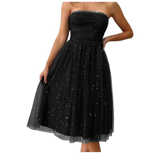 Damen Pailletten Kleid Ärmellos Glitzer Kleid Partykleid Trägerloses, kurzes Homecoming-Kleid für Teenager, funkelndes Tüll-Mini-Abschlussball-Cocktailparty-Kleid mit Schleife (Black #5, M) von Generisch