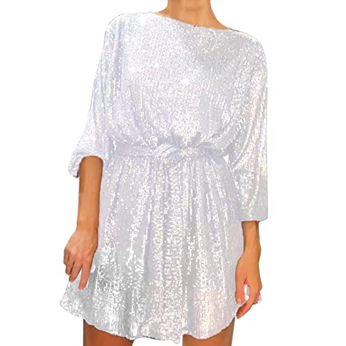 Damen Paillettenkleid Glitter Abend Rüschen Kurzarm Rundhalsausschnitt Cocktail Partykleider Glitzerkleid Ärmel Partykleid Moden Hohe Taille Wickelkleider von Generisch