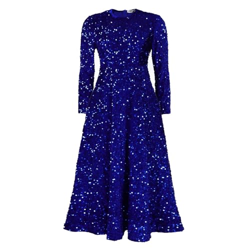 Damen Paillettenkleid Langarm Formelles Kleid Rundhals Kleider Sparkly Glitter Maxikleid Abendkleider Lang Formelles Kleid Pailletten, blau, XL von Generisch