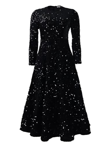 Damen Paillettenkleid Pailletten Glitzer A-Linie Kleid mit langen Ärmeln Hohe Taille Mitte Knielang Rock Formelles Ballkleid, Schwarz , XXL von Generisch